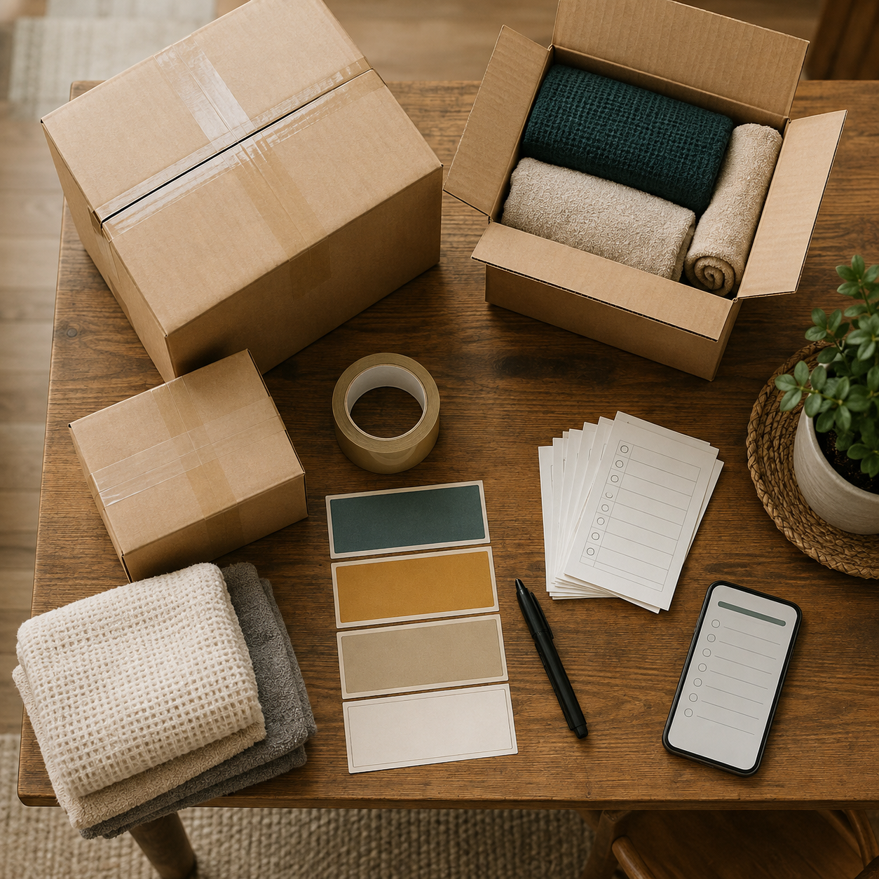 A packing station with labeled boxes, towels, tape, blank labels, a marker, and an inventory checklist.