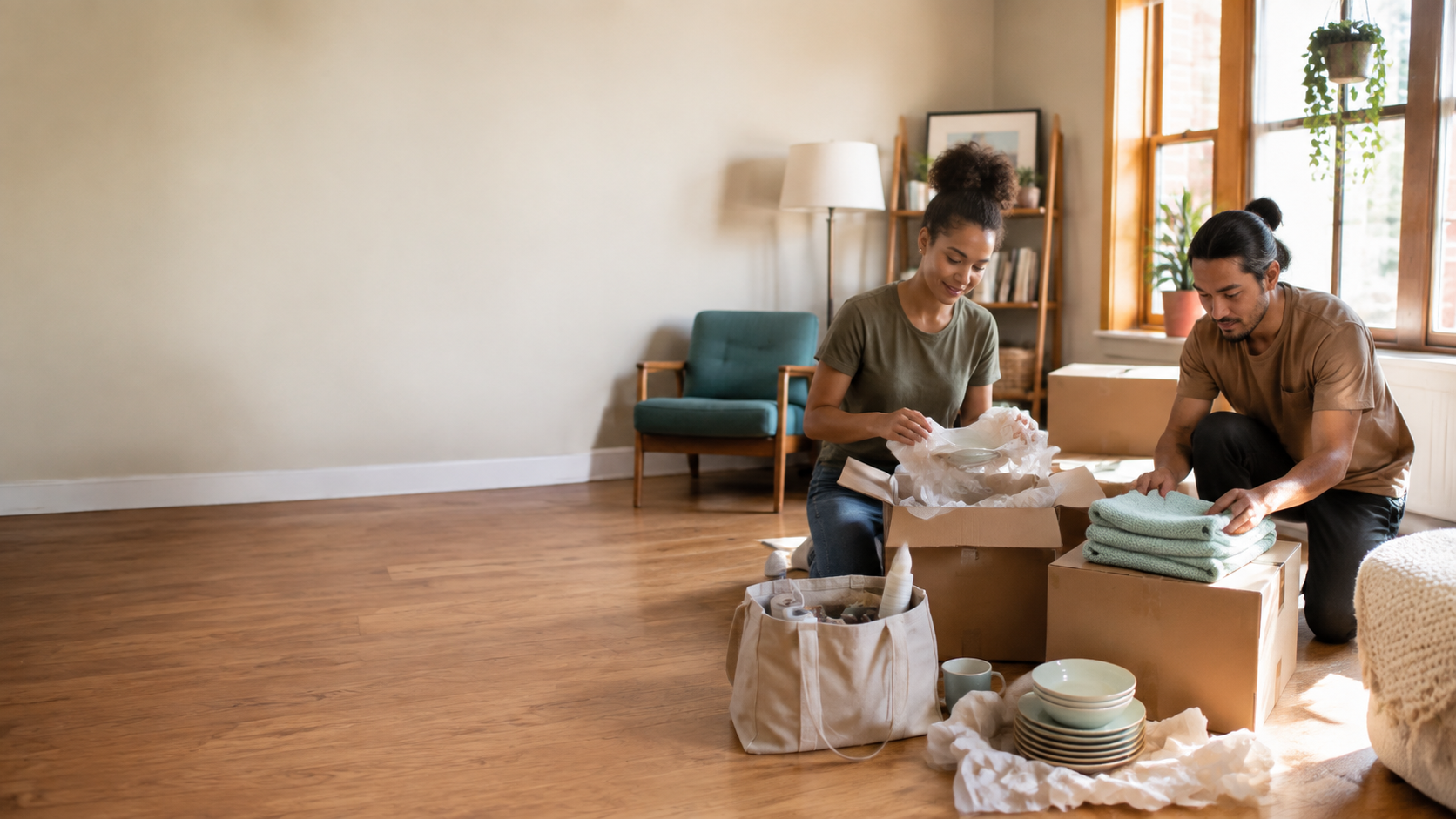 Two people carefully packing a home with boxes, towels, and an essentials tote.